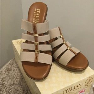 Italian Shoemakers Khaki Wedges with gold trim
